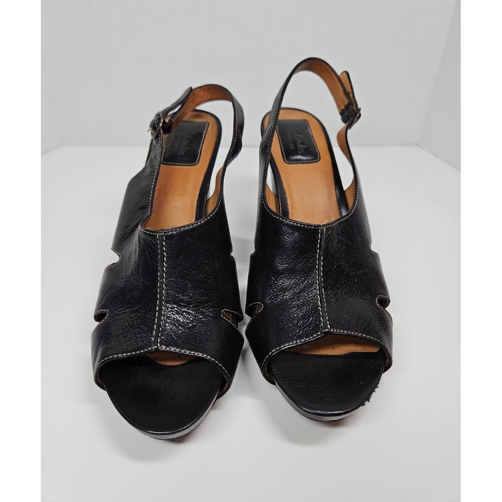 Clarks Artisan Womens Black Leather Slingback Open Toe Heels Size 11